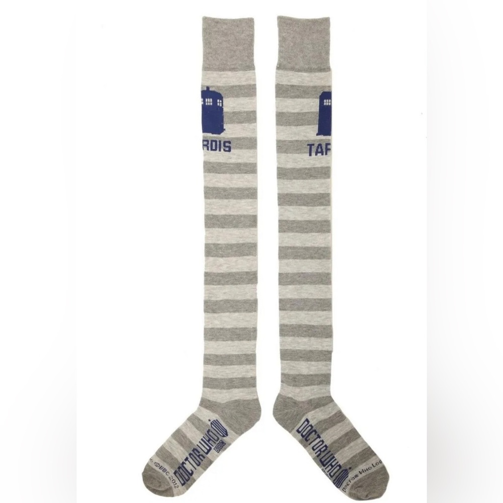 BBC Dr Doctor Who Blue Tardis Grey Striped Over the Knee-High Socks
